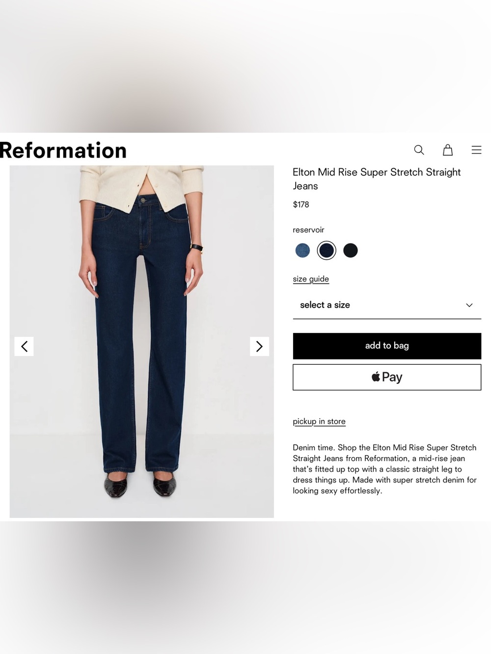 Reformation Elton Mid Rise Straight-Leg Jeans in Dark Navy